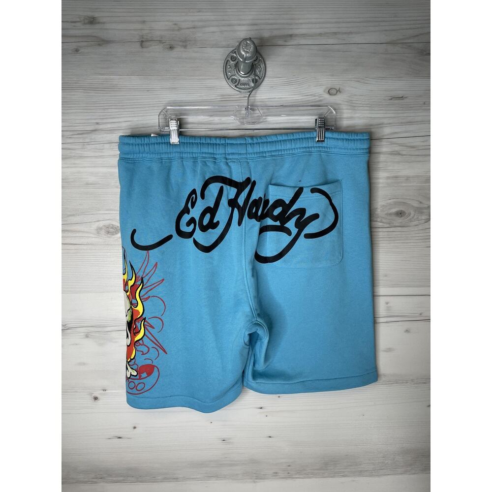 Ed Hardy Shorts Mens XL Blue Skull Tattoo Graphic Sweat Elastic Waist Pockets - Picture 7 of 11